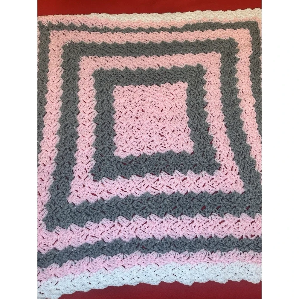 Crocheted Lap Blanket White Pink Gray